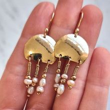 Load image into Gallery viewer, Vintage 9ct Gold Modernist Pearl Drop Earrings in hand
