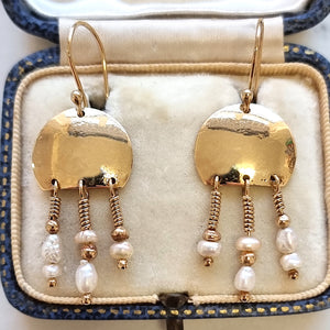 Vintage 9ct Gold Modernist Pearl Drop Earrings in box