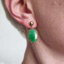 Load image into Gallery viewer, Vintage 14ct Yellow Gold Jade Drop Earrings modelled
