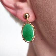 Load image into Gallery viewer, Vintage 14ct Yellow Gold Jade Drop Earrings modelled
