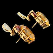 Load image into Gallery viewer, A pair of oval citrine and marquise garnet earrings in yellow gold
