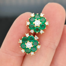 Load image into Gallery viewer, Vintage 18ct Yellow Gold Emerald and Diamond Cluster Stud Earrings
