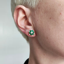 Load image into Gallery viewer, Vintage 18ct Yellow Gold Emerald and Diamond Cluster Stud Earrings

