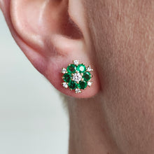 Load image into Gallery viewer, Vintage 18ct Yellow Gold Emerald and Diamond Cluster Stud Earrings
