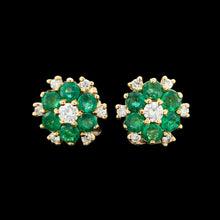 Load image into Gallery viewer, Vintage 18ct Yellow Gold Emerald and Diamond Cluster Stud Earrings
