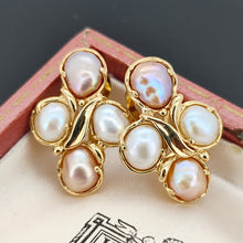 Load image into Gallery viewer, A pair of pink and white pearl cluster earrings in yellow gold, in an antique box

