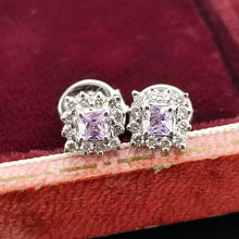 Load image into Gallery viewer, A pair of pink sapphire and diamond cluster stud earrings in white gold, in an antique box
