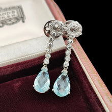 Load image into Gallery viewer, A pair of aquamarine and diamond drop earrings in white gold, in an antique box
