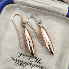 Load image into Gallery viewer, A pair of rose gold elongated drop earrings with hook fittings, in an antique box
