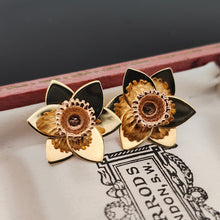 Load image into Gallery viewer, A pair of yellow gold daffodil flower stud earrings, in an antique box
