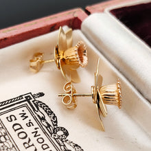 Load image into Gallery viewer, A pair of yellow gold daffodil flower stud earrings, in an antique box

