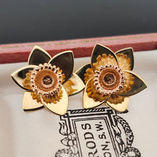 Load image into Gallery viewer, A pair of yellow gold daffodil flower stud earrings, in an antique box
