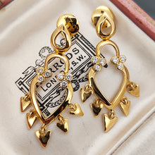 Load image into Gallery viewer, A pair of yellow gold open heart shaped drop earrings with diamonds, in an antique box
