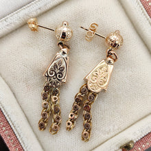 Load image into Gallery viewer, A pair of yellow gold fancy engraved tassel drop earrings, in an antique box
