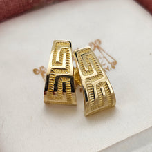 Load image into Gallery viewer, A pair of yellow gold Greek key design half hoop earrings, in an antique box
