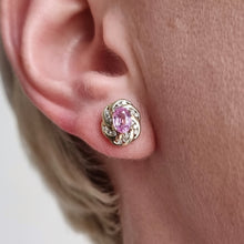 Load image into Gallery viewer, Vintage 9ct Gold Pink Sapphire and Diamond Stud Earrings modelled
