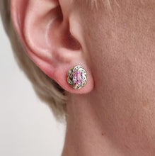 Load image into Gallery viewer, Vintage 9ct Gold Pink Sapphire and Diamond Stud Earrings modelled
