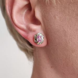 Vintage 9ct Gold Pink Sapphire and Diamond Stud Earrings modelled