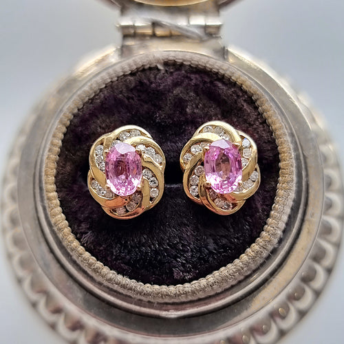 Vintage 9ct Gold Pink Sapphire and Diamond Stud Earrings in box
