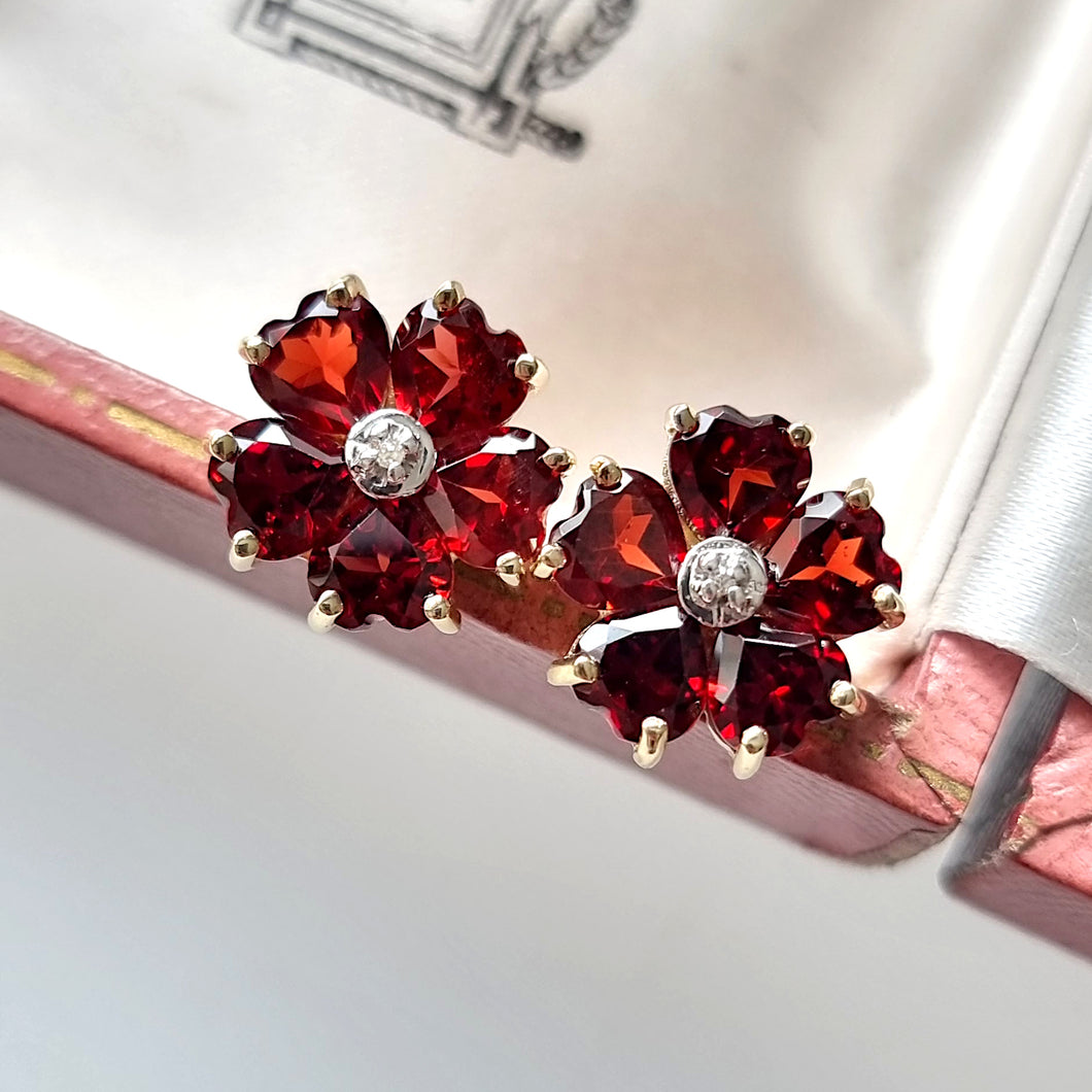 Vintage 9ct Gold Garnet and Diamond Cluster Stud Earrings front