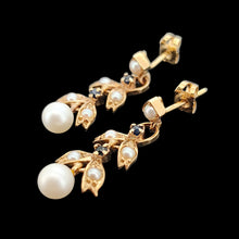 Load image into Gallery viewer, Vintage 9ct Yellow Gold Pearl and Sapphire Drop Earrings
