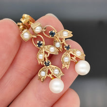 Load image into Gallery viewer, Vintage 9ct Yellow Gold Pearl and Sapphire Drop Earrings
