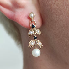 Load image into Gallery viewer, Vintage 9ct Yellow Gold Pearl and Sapphire Drop Earrings
