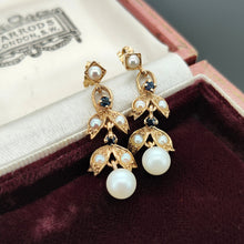 Load image into Gallery viewer, Vintage 9ct Yellow Gold Pearl and Sapphire Drop Earrings

