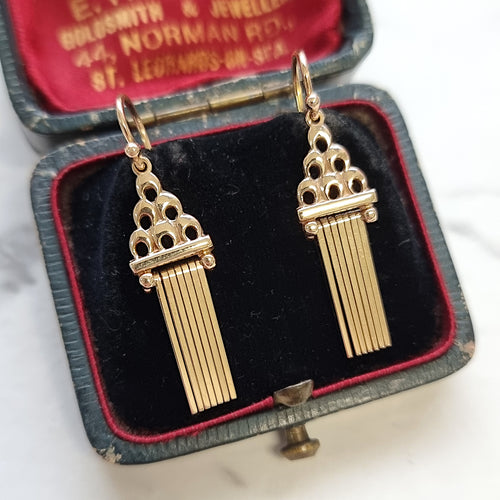 Vintage 9ct Yellow Gold Tassel Drop Earrings in box