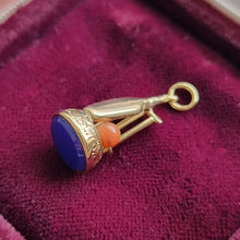 Load image into Gallery viewer, Antique Gold Cricket Fob Seal with Lapis and Coral side
