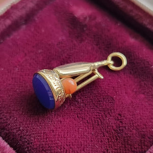 Antique Gold Cricket Fob Seal with Lapis and Coral side