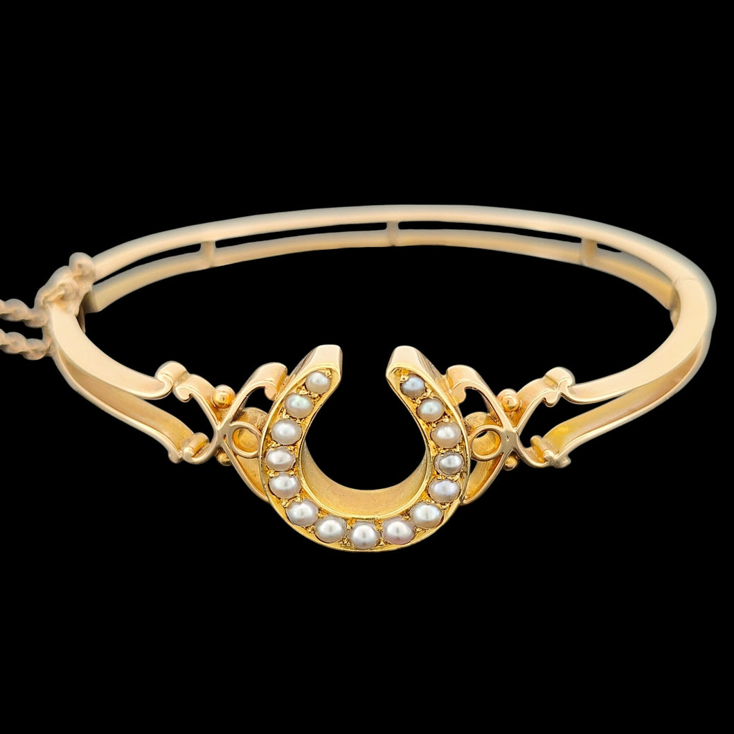 Victorian 15ct Gold Seed Pearl Horseshoe Bangle