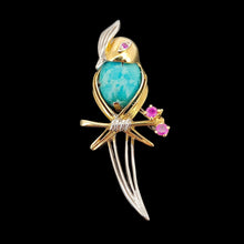 Load image into Gallery viewer, Vintage 14ct Yellow &amp; White Gold Turquoise and Ruby Bird Brooch
