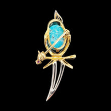 Load image into Gallery viewer, Vintage 14ct Yellow &amp; White Gold Turquoise and Ruby Bird Brooch
