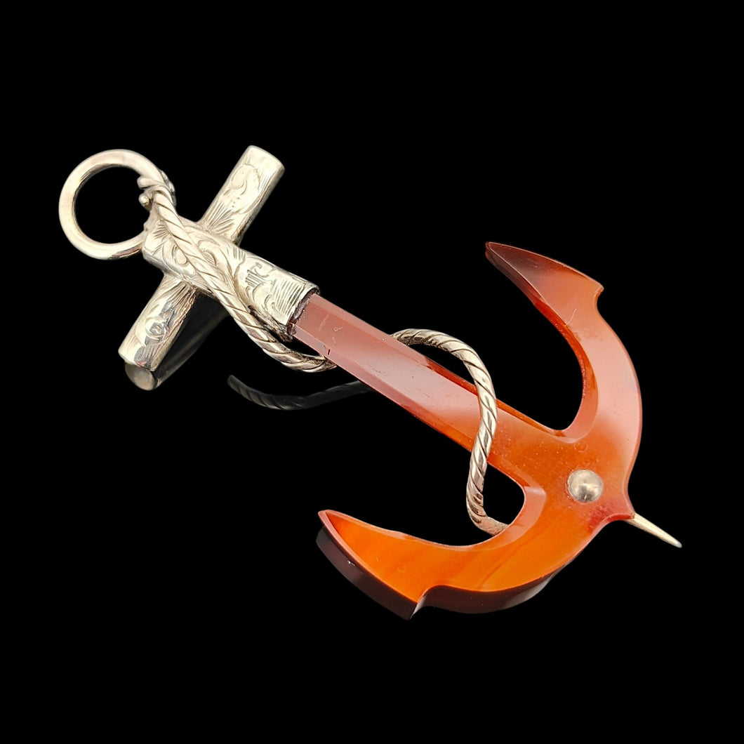 Victorian Silver Agate Anchor Brooch