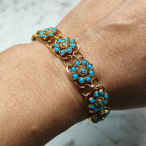 Vintage 14ct Gold Turquoise Flower Cluster Bracelet