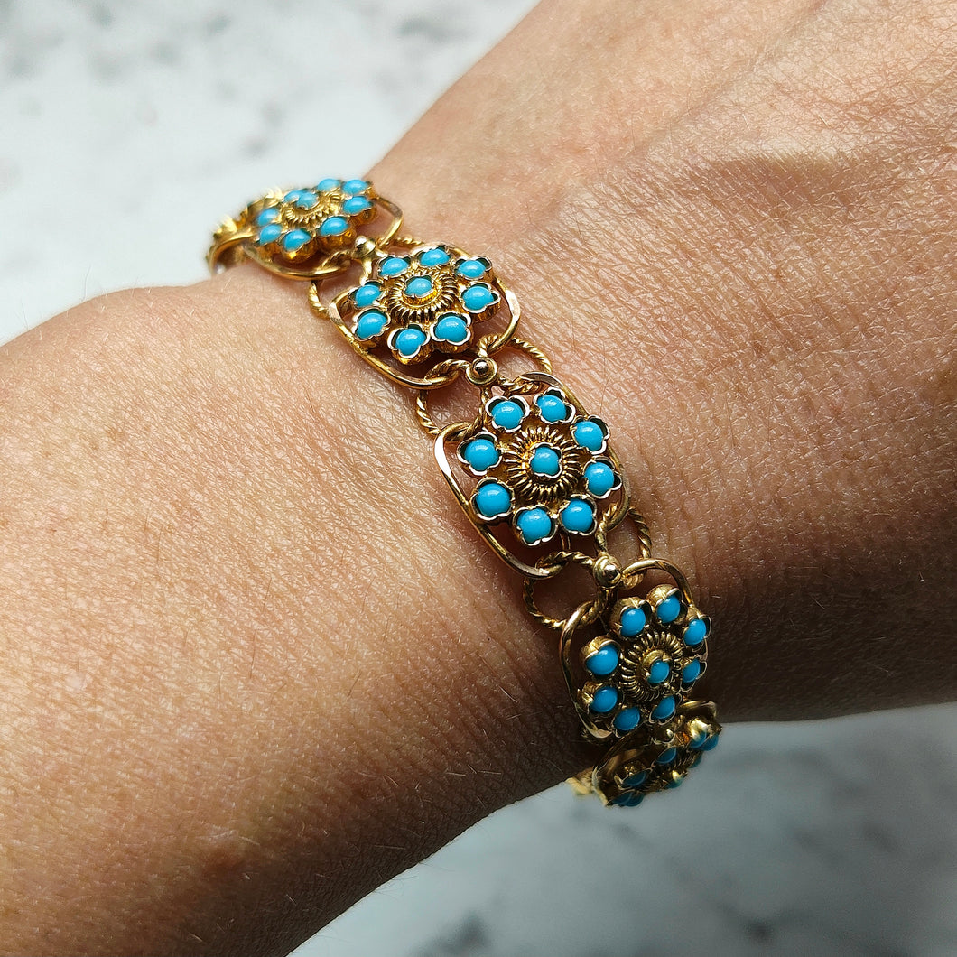 Vintage 14ct Gold Turquoise Flower Cluster Bracelet