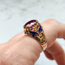 Load image into Gallery viewer, Vintage 14K Gold Synthetic Alexandrite and Enamel Dress Ring
