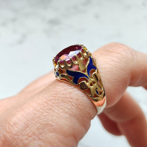 Vintage 14K Gold Synthetic Alexandrite and Enamel Dress Ring