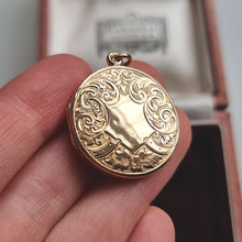 Load image into Gallery viewer, Antique 9ct Gold Round Engraved Locket, Hallmarked Birmingham 1916 in hand
