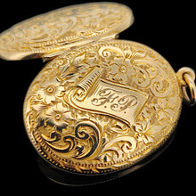 Load image into Gallery viewer, An intricately engraved oval locket in yellow gold, with a banner with monogrammed initials reading FP
