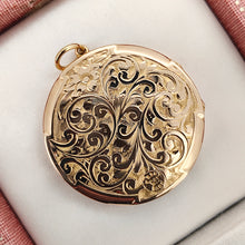 Load image into Gallery viewer, A circular yellow gold engraved locket pendant, in an antique box
