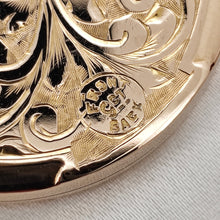 Load image into Gallery viewer, Close-up of a 9CT FRONT BACK stamp on a yellow gold engraved locket
