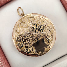 Load image into Gallery viewer, A circular yellow gold engraved locket pendant, in an antique box
