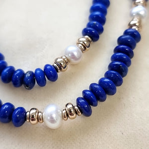 Lapis Lazuli and Freshwater Pearl Necklace close up