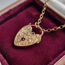 Load image into Gallery viewer, Antique 9ct Gold Engraved Heart Padlock with Chain side
