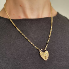 Load image into Gallery viewer, Antique 9ct Gold Engraved Heart Padlock with Chain modelled
