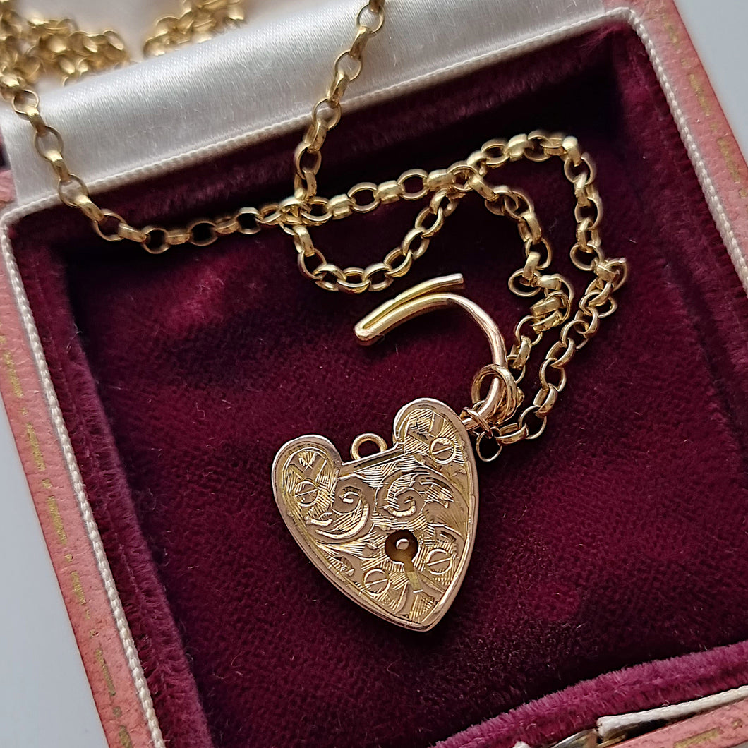 Antique 9ct Gold Engraved Heart Padlock with Chain in box