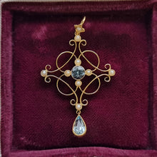 Load image into Gallery viewer, Antique 9ct Gold Aquamarine and Pearl Pendant front
