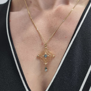 Antique 9ct Gold Aquamarine and Pearl Pendant modelled with chain